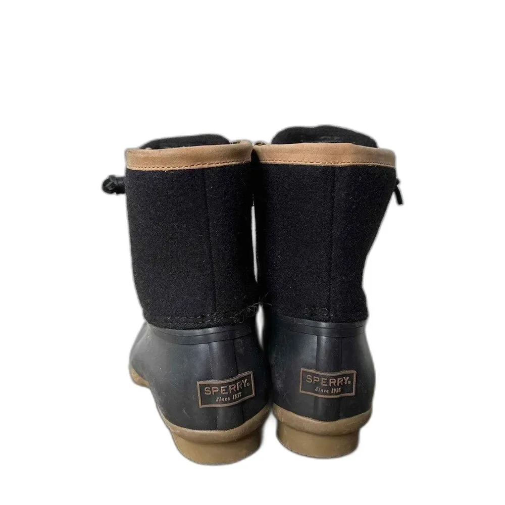 Sperry Duck Boots 7.5 Waterproof Warm Wool Lace Up Rain Snow Cabin Casual Black